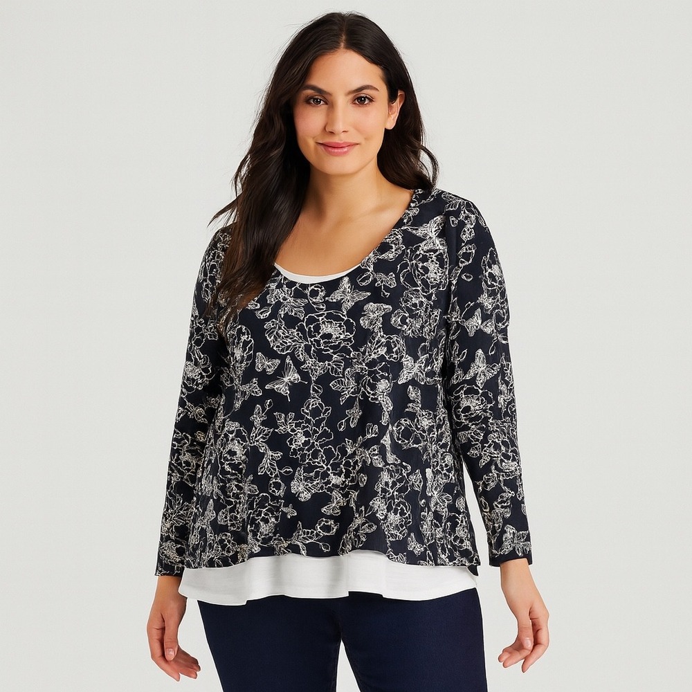 J‎ Jill Layered Lagenlook Long Sleeve Floral Butterfly Top Women's Size L Navy